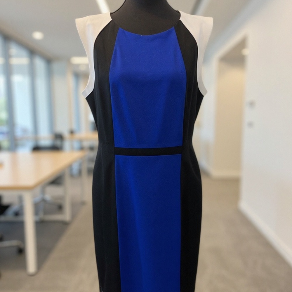 Kasper Blue and Black Sleeveless Midi Dress